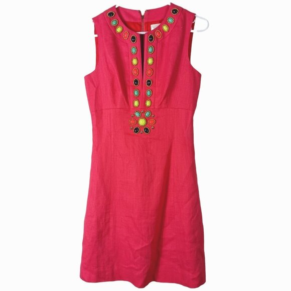 Kate Spade Summer Dress Linen Blend Aline Jewel Embellished Neckline Pink Size 0 - Picture 1 of 9